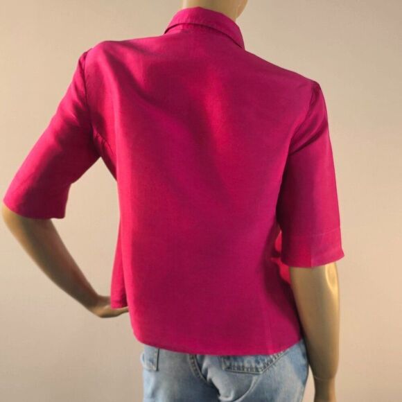 AK Anne Klein Button Front Silk Blouse Sz 10 Short Sleeve Magenta Hot Pink - Picture 6 of 9